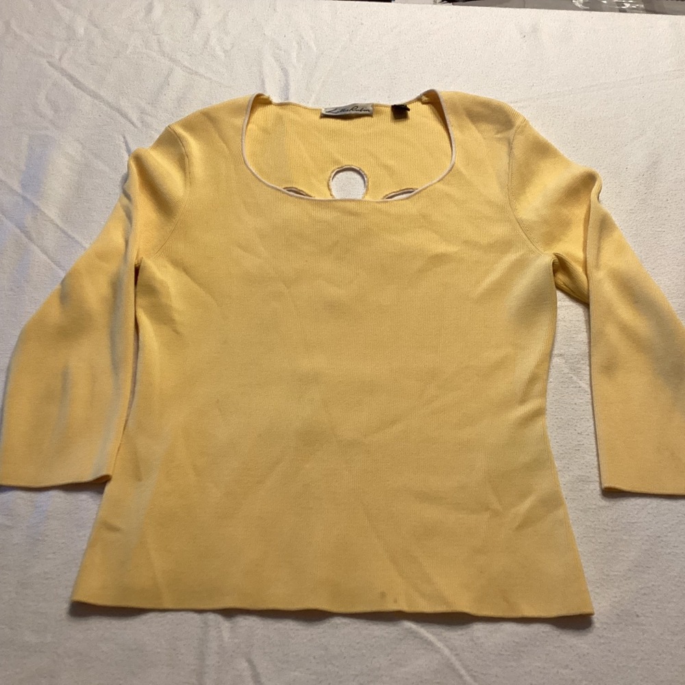 Lillie Rubin Womens Yellow Ribbed Knit 3/4 Sleeve Top Flower Cutout Back Small